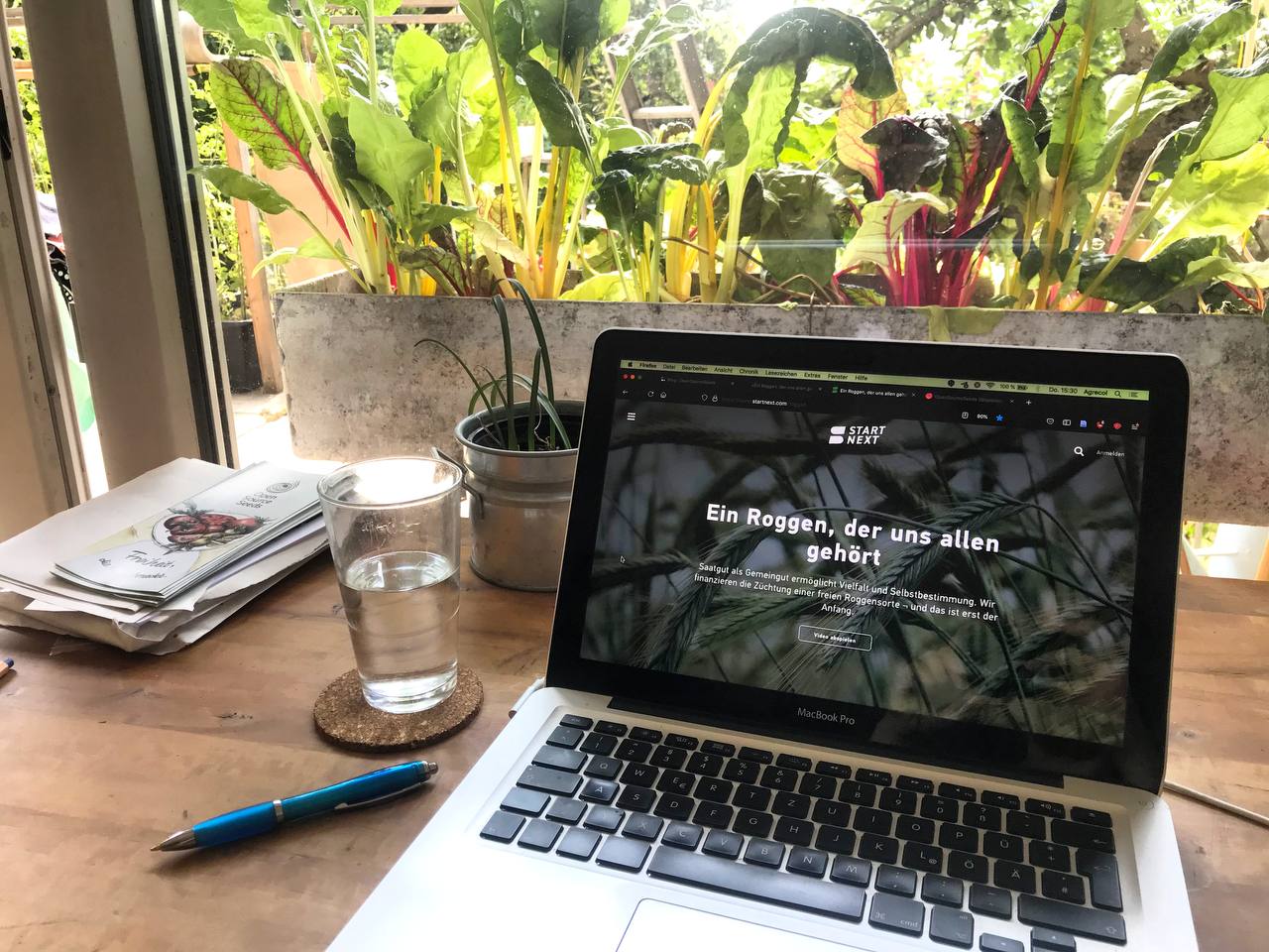 A laptop on a desk in front of a window, the title on the screen says 'a rye that belongs to us all'